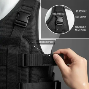 Detailed view of the side and shoulder adjustable straps on the cooling vest for a snug and comfortable fit under a riding jacket.