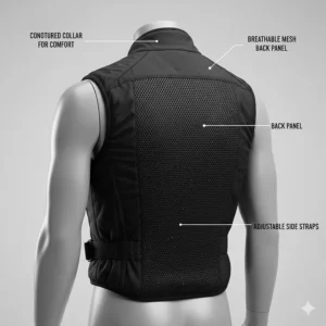 Back view of the motorcycle cooling vest displayed on a mannequin, focusing on the collar, breathable mesh, and fit.