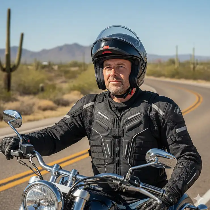A motorcycle rider wearing a black motorcycle cooling vest over their jacket while parked, clearly showing the full vest and how it fits to beat the heat on long rides.