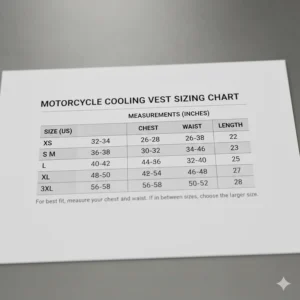 Image of the detailed sizing chart for the motorcycle cooling vest, showing measurements for chest, waist, and length.