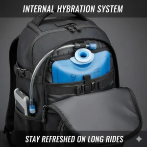 Detailed view of a motorcycle backpack internal hydration bladder and drink tube for long-distance touring.