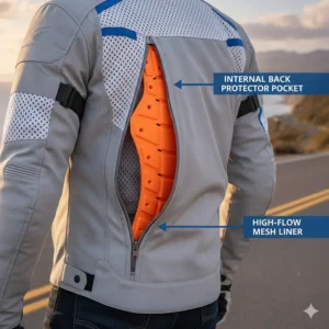 A clear view of the internal pocket where an optional or included back protector can be inserted into a warm weather motorcycle jacket for spine protection.