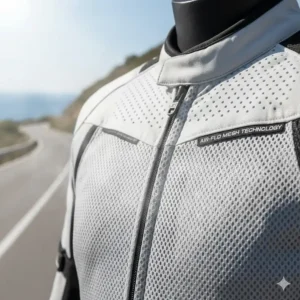 Close-up detail of the durable, high-density mesh fabric on a breathable motorcycle jacket, designed to maximize air circulation for a cool ride.