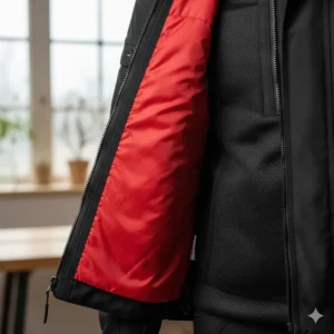 Interior shot of a textile padded motorcycle jacket showing the removable thermal liner for cold-weather riding.