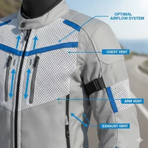 Diagram showing the strategic placement of zippered ventilation ports (chest, back, and arms) on a summer motorcycle jacket for optimal airflow and cooling.