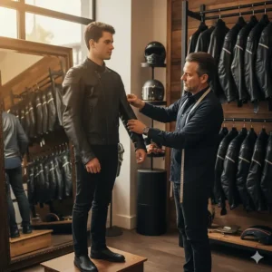 A man trying on a motorcycle leather jacket to show proper fit and length, illustrating the importance of a good size for rider comfort.