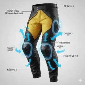 Diagram showing airflow intake and exhaust vents on armored motorcycle pants for summer riding.