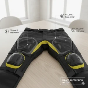 Diagram showing CE-rated knee and hip armor inserts within a pair of women's motorcycle pants.