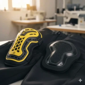 Close-up illustration of CE-rated hip and knee armor inserts for men's motorcycle pants.