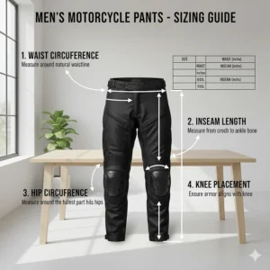 Measurement guide illustration showing how to measure waist and inseam for men's motorcycle pants.