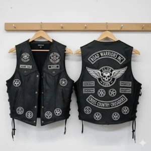 Diagram illustrating the traditional and best placement for patches on the front and back of a standard biker vest or jacket.