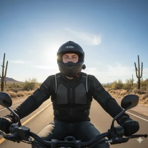 View of a motorcyclist comfortably riding on a highway in hot weather, utilizing the motorcycle cooling vest for heat relief.