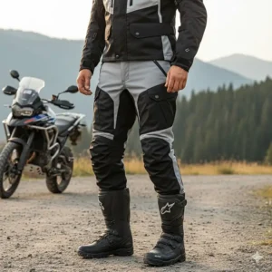 Model wearing a pair of comfortable adventure touring motorcycle riding pants, demonstrating freedom of movement and proper boot integration.