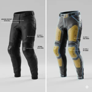 Close-up diagram illustrating the placement of CE-rated armor protection in the knee and hip areas of premium motorcycle riding pants.