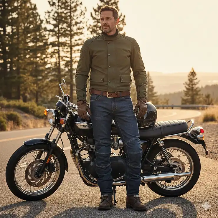Featured image of a rider wearing motorcycle riding pants made with Kevlar, standing next to a cruiser bike, showcasing fit and protective features.