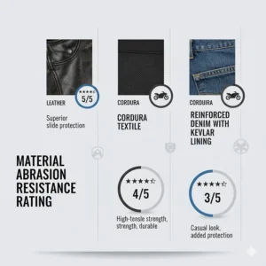 Infographic comparing the abrasion resistance levels of common motorcycle riding pants materials like leather, Cordura, and Kevlar lining.