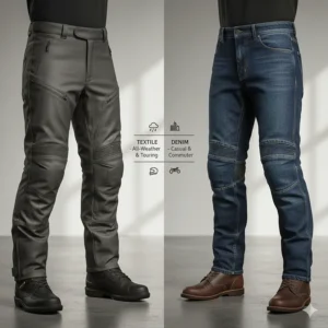 Comparison of different types of motorcycle riding pants, including durable textile and reinforced riding denim, for various riding styles.