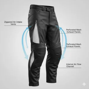 Image showcasing zippered vents and mesh panels designed for maximum air flow and cooling in summer motorcycle riding pants.