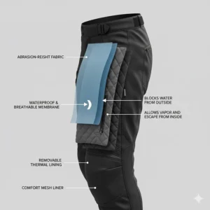 Cross-section view highlighting the waterproof and breathable membrane layer in all-weather motorcycle riding pants.