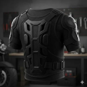 Anatomical view of a motorcycle armor vest showing the reinforced spine and back protector plates.