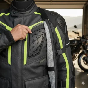 Perforated leather armored jacket with internal cooling liner for riders seeking premium protection and breathability.
