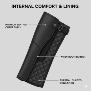 Illustration showing the internal thermal quilted liner of leather motorcycle chaps for cold weather riding.