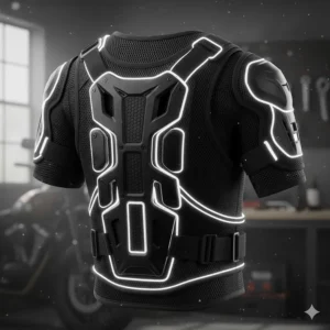 Illustration of a motorcycle armor vest with high-visibility reflective strips for night riding safety.