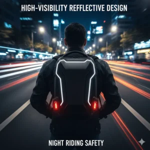 High-visibility motorcycle backpack with reflective piping and LED light attachment points for night riding safety.