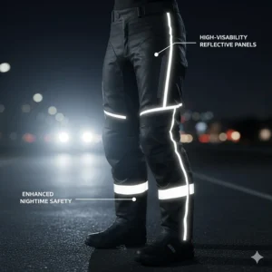 High-visibility reflective piping and panels on the lower legs of motorcycle overpants.