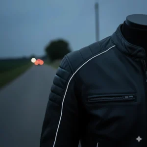 Close-up of subtle reflective piping integrated into the seams of a best leather motorcycle jacket for enhanced nighttime visibility.