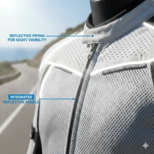 An image highlighting the subtle yet highly effective reflective piping or panels on the motorcycle jacket, crucial for increased visibility during night rides.