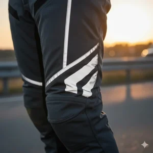 Illustration showing the placement of high-visibility reflective piping on the sides of armored motorcycle pants.