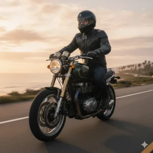 A motorcycle rider safely cruising on a highway, protected by their favorite padded motorcycle jacket and helmet.