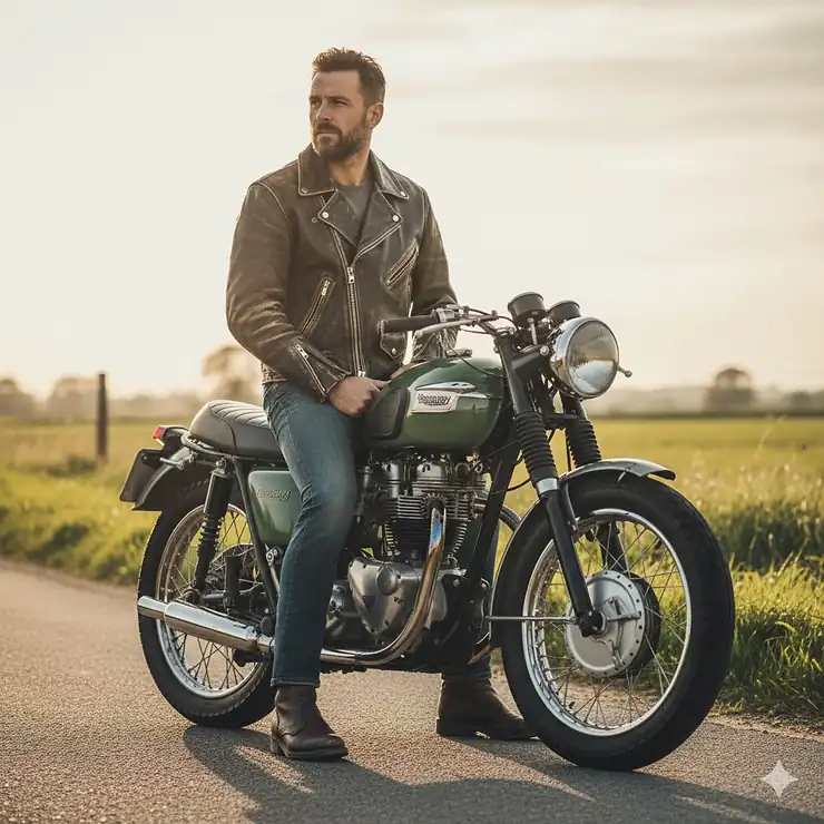 A motorcycle rider wearing a brown vintage motorcycle jacket and jeans, sitting on a classic cruiser bike.