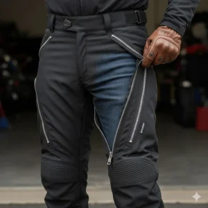 Illustration of full-length side zippers on motorcycle overpants for easy entry over street clothes.