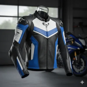 A sport-fit leather motorcycle jacket featuring CE-approved armor in the shoulders and elbows for maximum protection at speed.