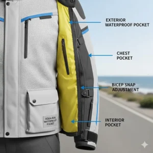 Detail shot of the external and internal pockets, including a dedicated waterproof pocket, demonstrating practical storage on the best summer motorcycle jacket.