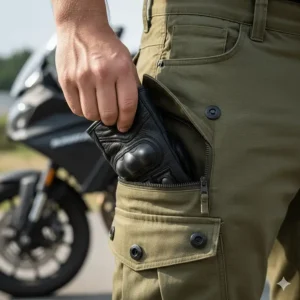 Detail shot of deep tactical side pockets on motorcycle cargo pants for secure gear storage.