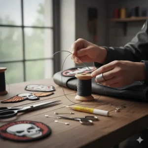 Essential tools required for applying motorcycle jacket patches, such as heavy-duty thread, needles, and tailor's chalk.