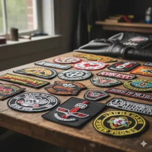 A collection of various types of motorcycle jacket patches, including embroidered, woven, and PVC rubber styles, laid out on a table.