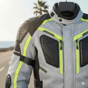 Lightweight, highly ventilated mesh armored motorcycle jacket designed for summer riding comfort.