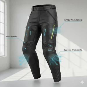 Illustration highlighting airflow vents and mesh panels on summer motorcycle pants for men.