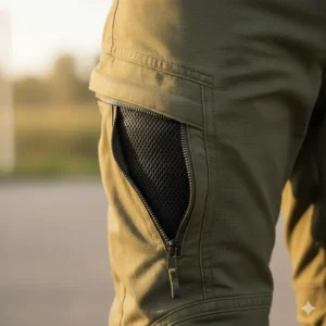 Close-up of mesh-lined air intake zippers on motorcycle cargo pants for improved airflow and cooling.