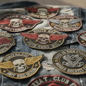 Close-up of aged or vintage motorcycle club patches with faded embroidery, adding a retro look to a denim jacket.
