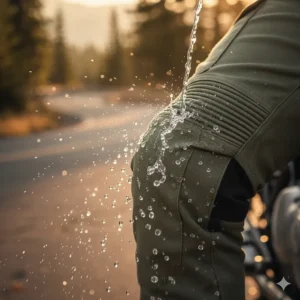 Illustration demonstrating the water-repellent coating on the outer shell of heavy-duty motorcycle cargo pants.