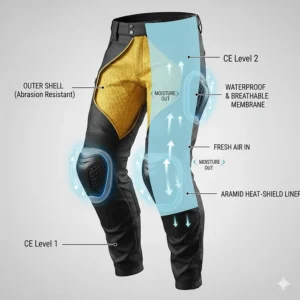 Cross-section view of breathable and waterproof layers in all-weather armored motorcycle pants.