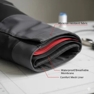 Cross-section illustration of a waterproof and breathable membrane layer inside textile armored motorcycle pants.