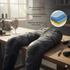 Illustration of a waterproof breathable membrane used in men's adventure motorcycle pants.