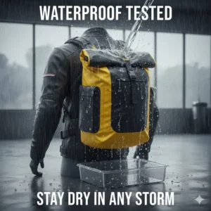 A waterproof motorcycle backpack with a roll-top closure and rain cover being tested in heavy rain.