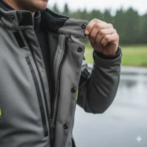 Waterproof zipper and storm flap detail on a touring-style armored motorcycle jacket for protection against rain.